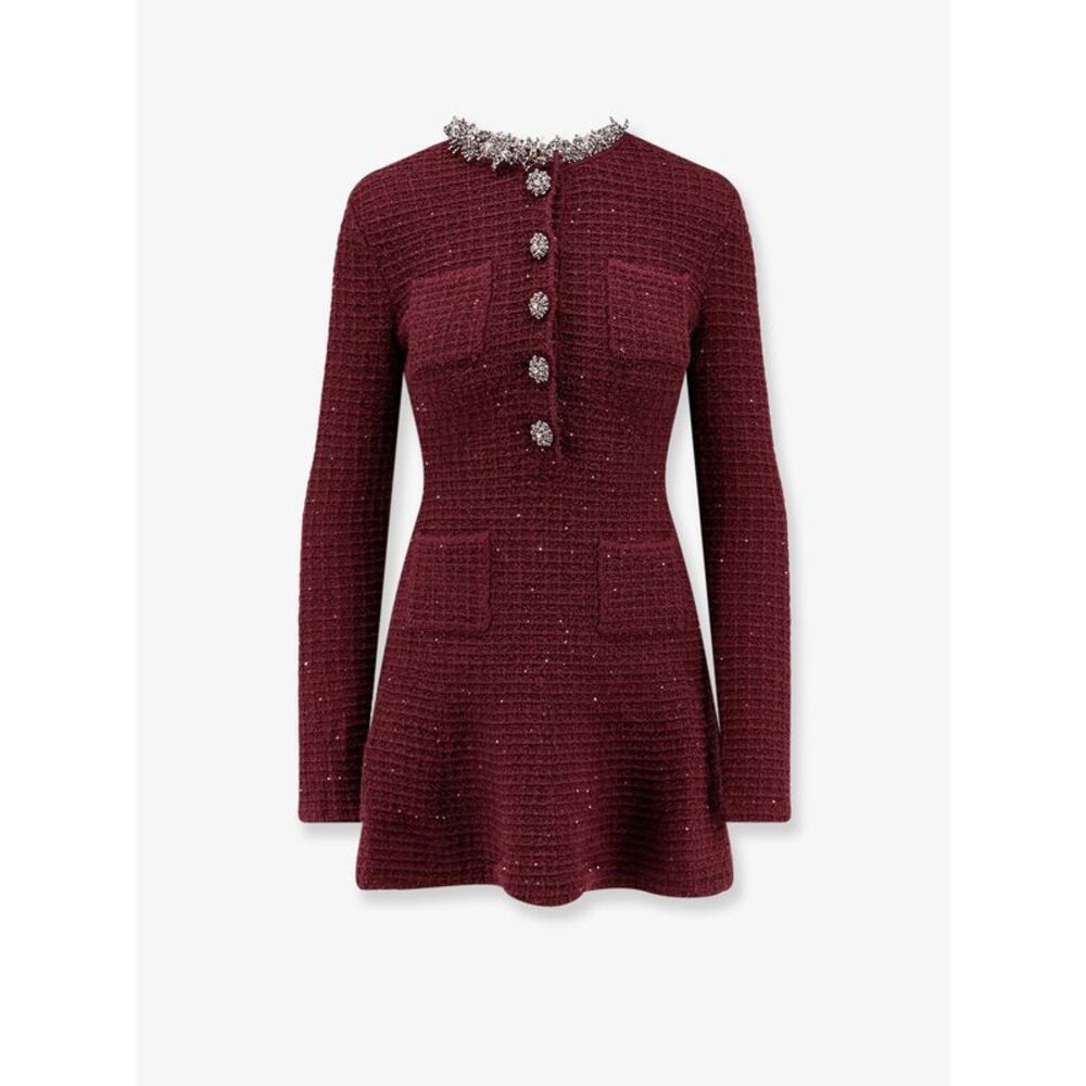 Self Portrait Women Knitted Bordeaux Dress With Jewel Details